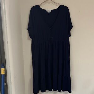 Planet Gold Deep Blue Buttoned V-Neck Dress